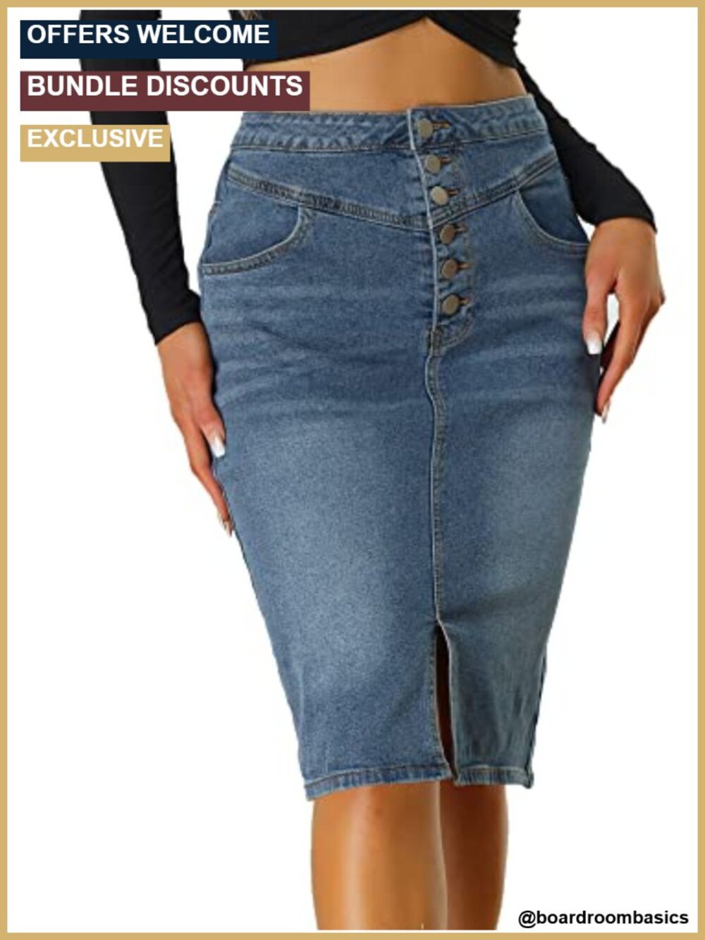 Women's High Waist Button Front Denim Pencil Skirt with Split Hem